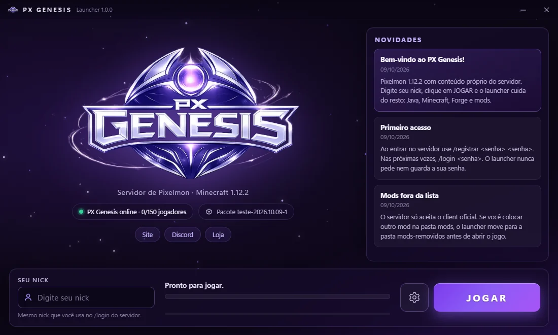 Tela do launcher PX Genesis com o logo, as novidades, o campo do nick e o botão JOGAR